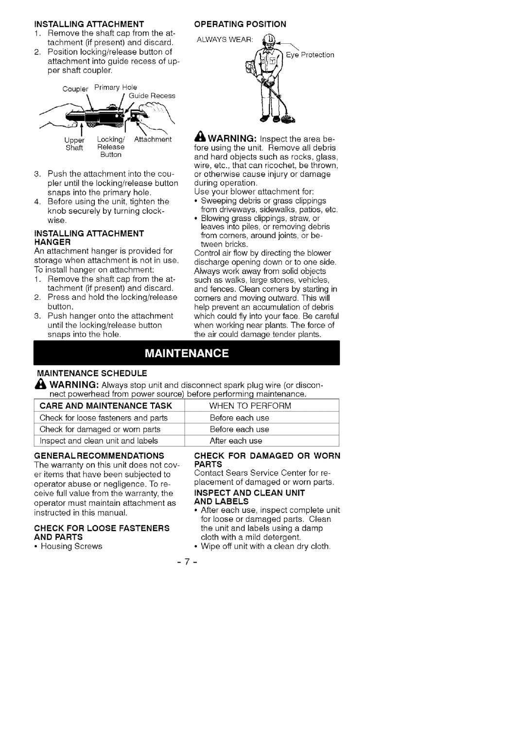 Craftsman C944.511601 Installing Attachment Hanger, Maintenance Schedule, Care and Maintenance, Eneral Recommen Dations 