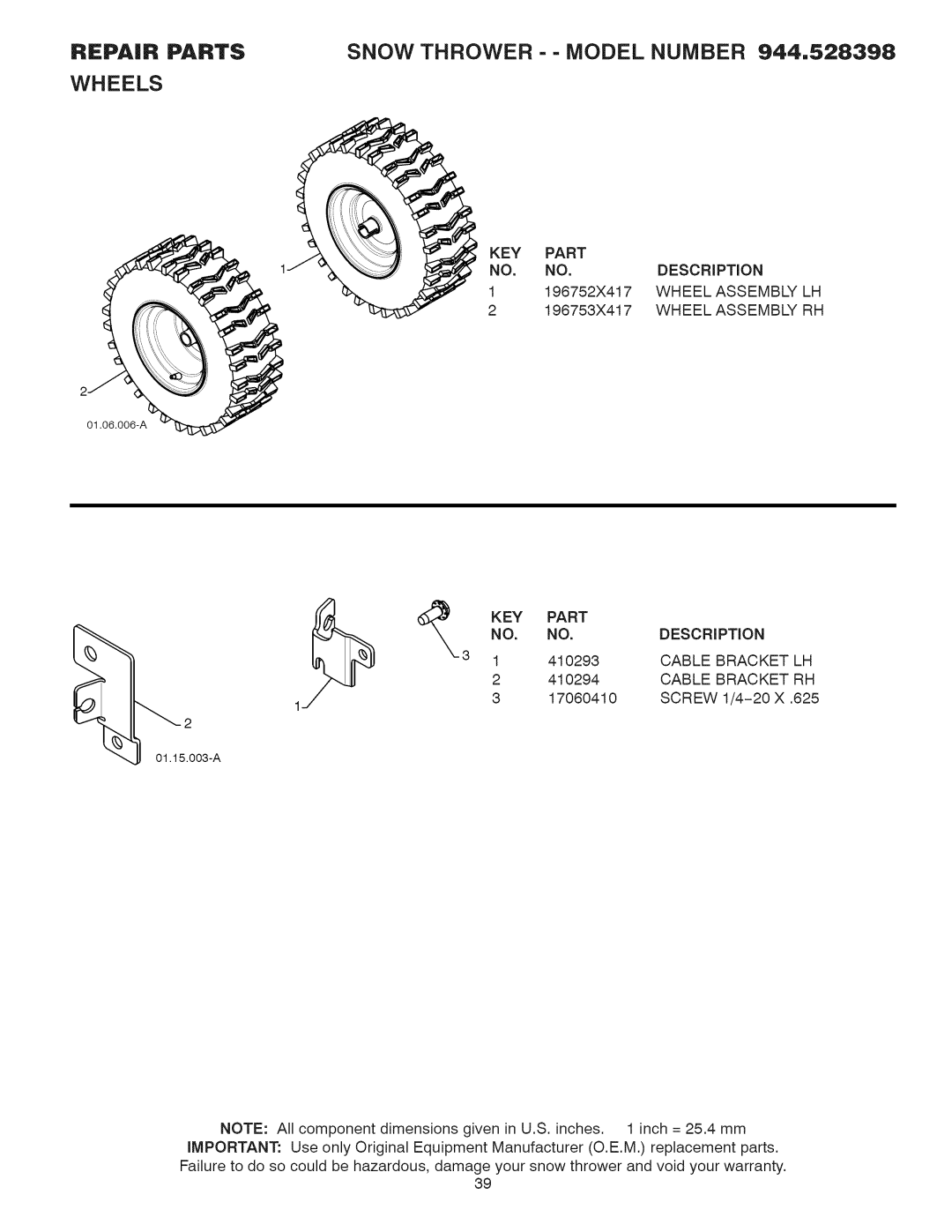 Craftsman 944.528398 owner manual Repair Parts, SNOW THROWER - - MODEL NUMBER 944,528398, Wheels, Description 