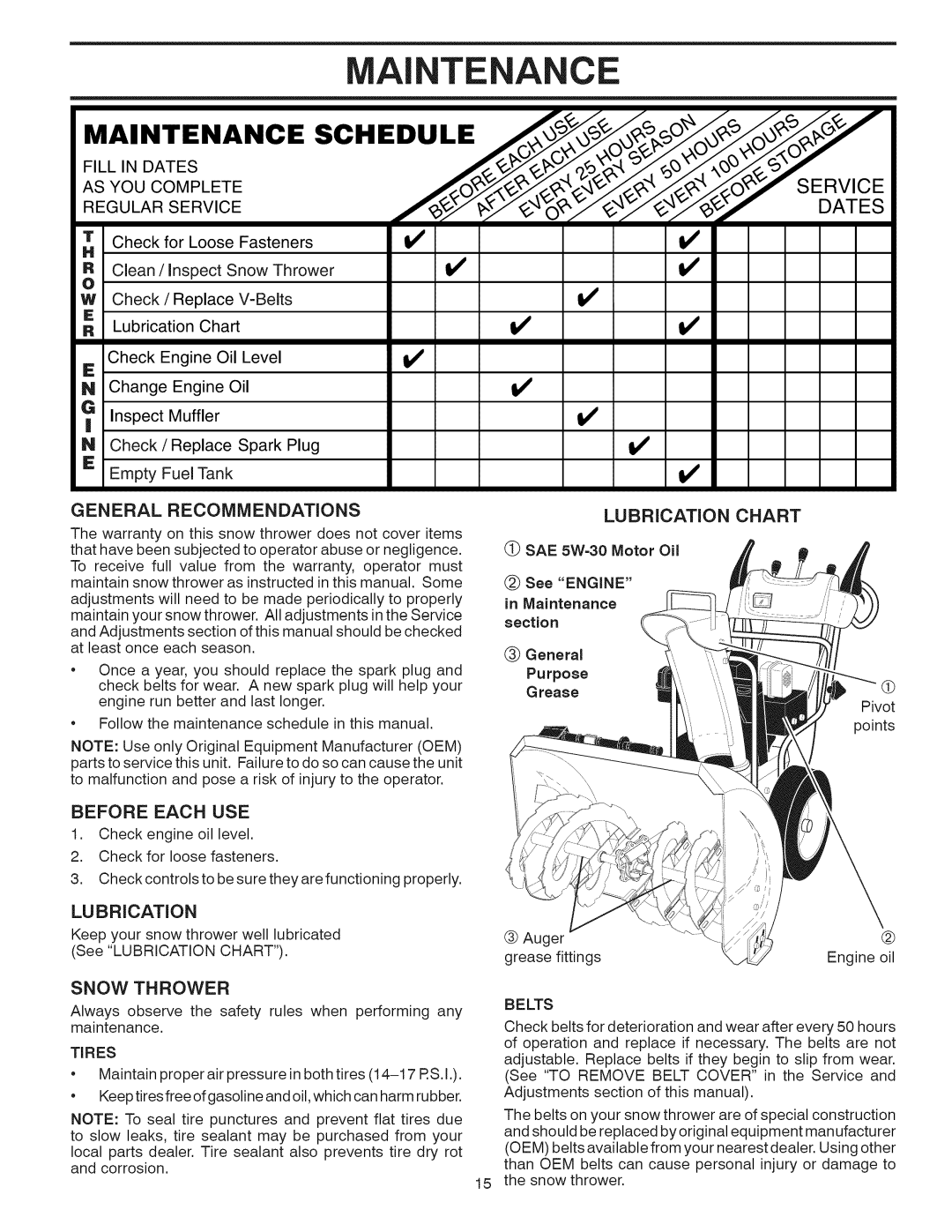 Craftsman 944.528398 owner manual General Recommendations, Before Each USE, Snow Thrower, Tires 