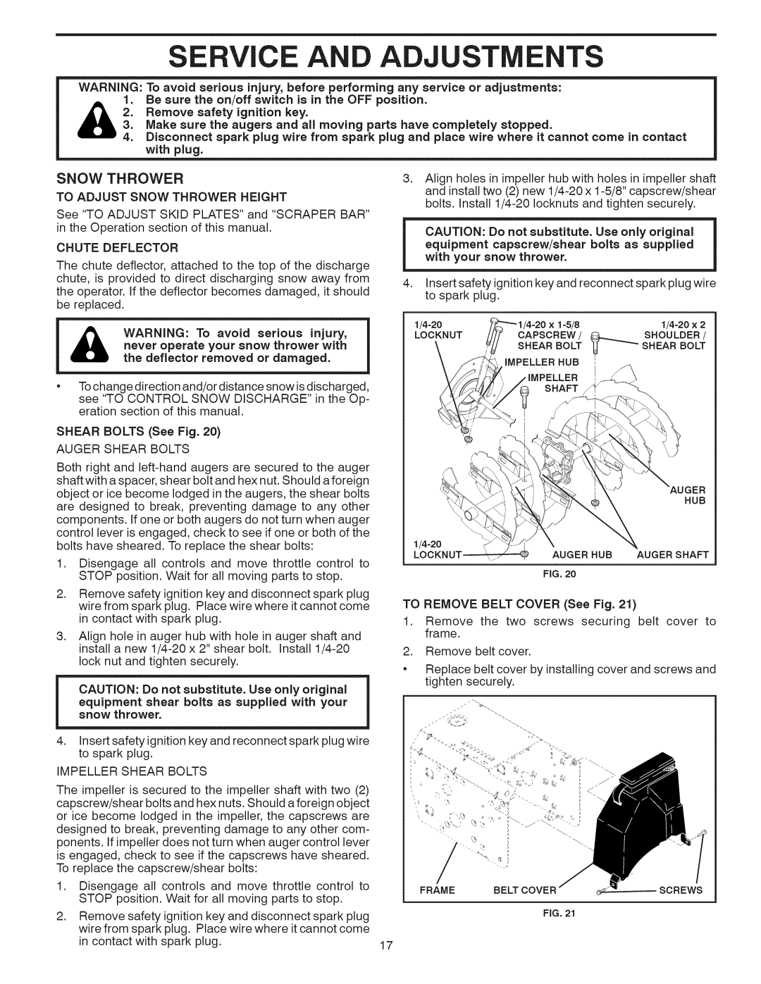 Craftsman 944.528398 Seadj Ents, To Adjust Snow Thrower Height, Chute Deflector, Auger Shear Bolts, Impeller Shear Bolts 