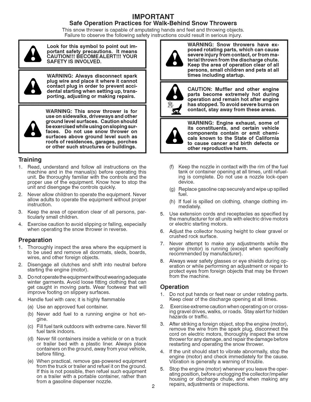 Craftsman 944.528398 owner manual Safe Operation Practices for Walk-Behind Snow Throwers 