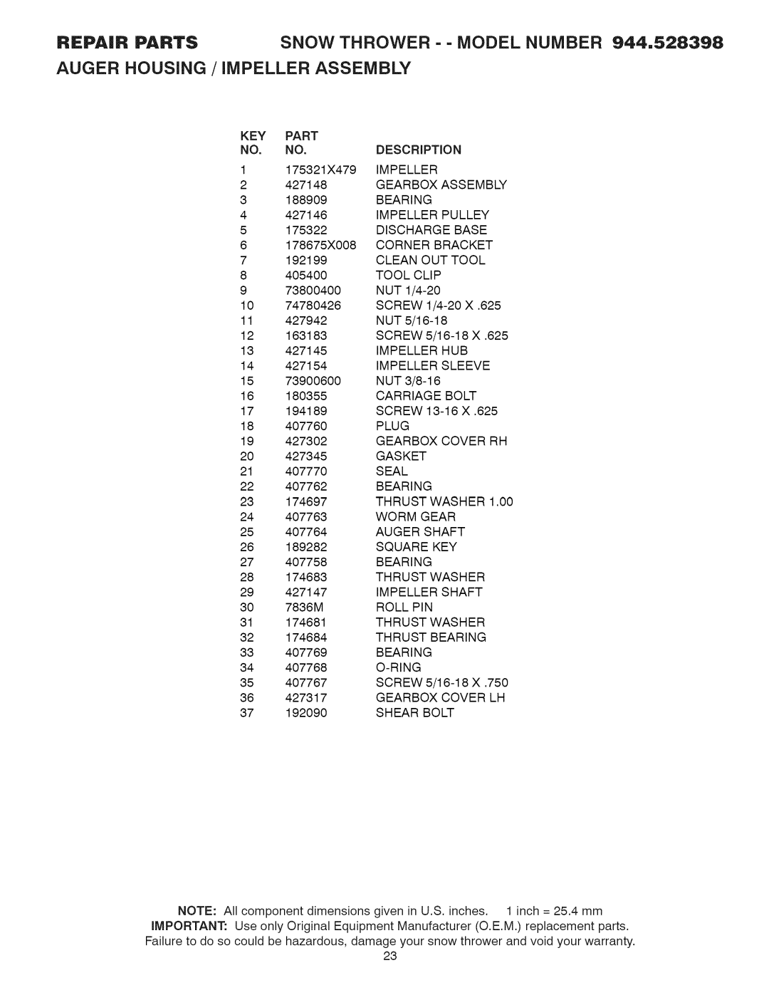 Craftsman 944.528398 KEY Part, Gearbox Assembly, Bearing, Impeller Pulley, Discharge Base, Corner Bracket, Tool Clip 