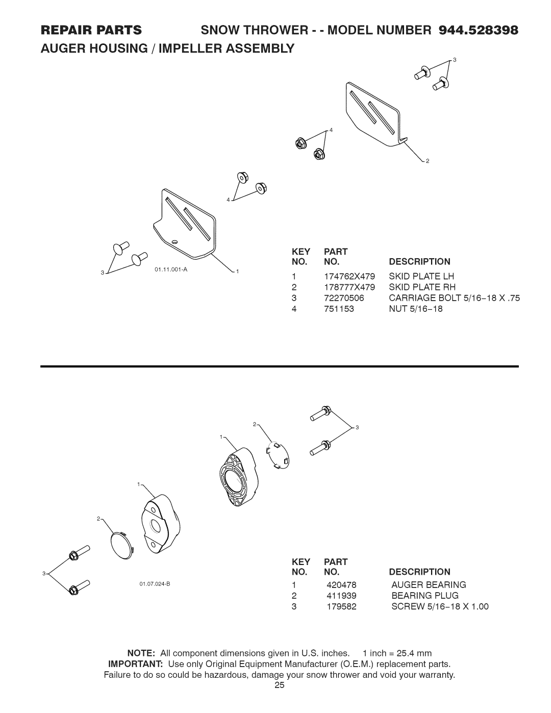 Craftsman 944.528398 owner manual Description Skid Plate LH Skid Plate RH, Auger Bearing, Bearing Plug 