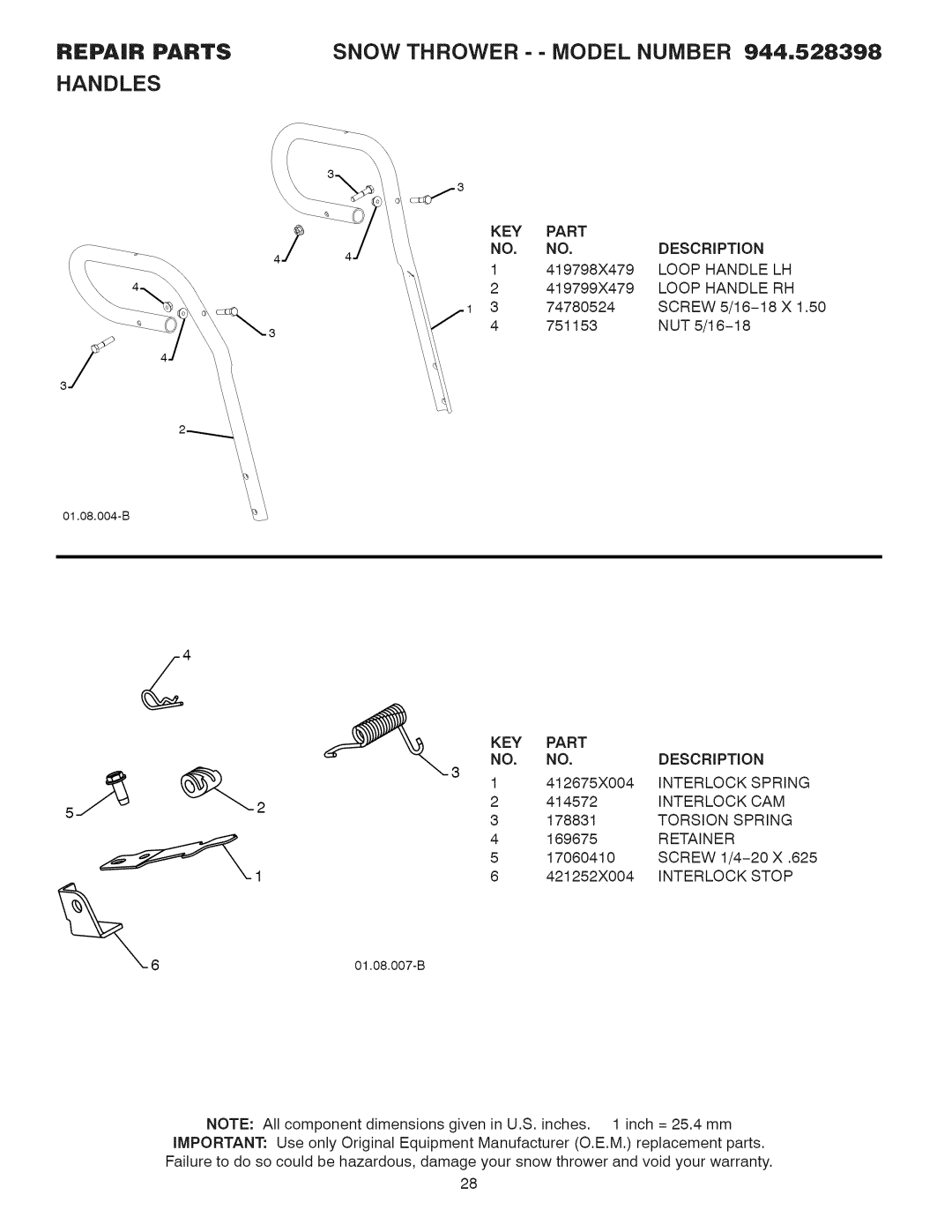 Craftsman 944.528398 owner manual Handles, Interlock 