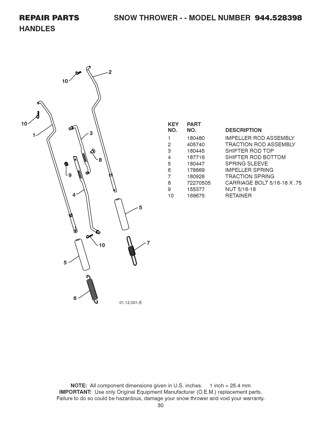 Craftsman 944.528398 Impeller ROD Assembly, Traction ROD Assembly, Shifter ROD TOP, Shifter ROD Bottom, Spring Sleeve 