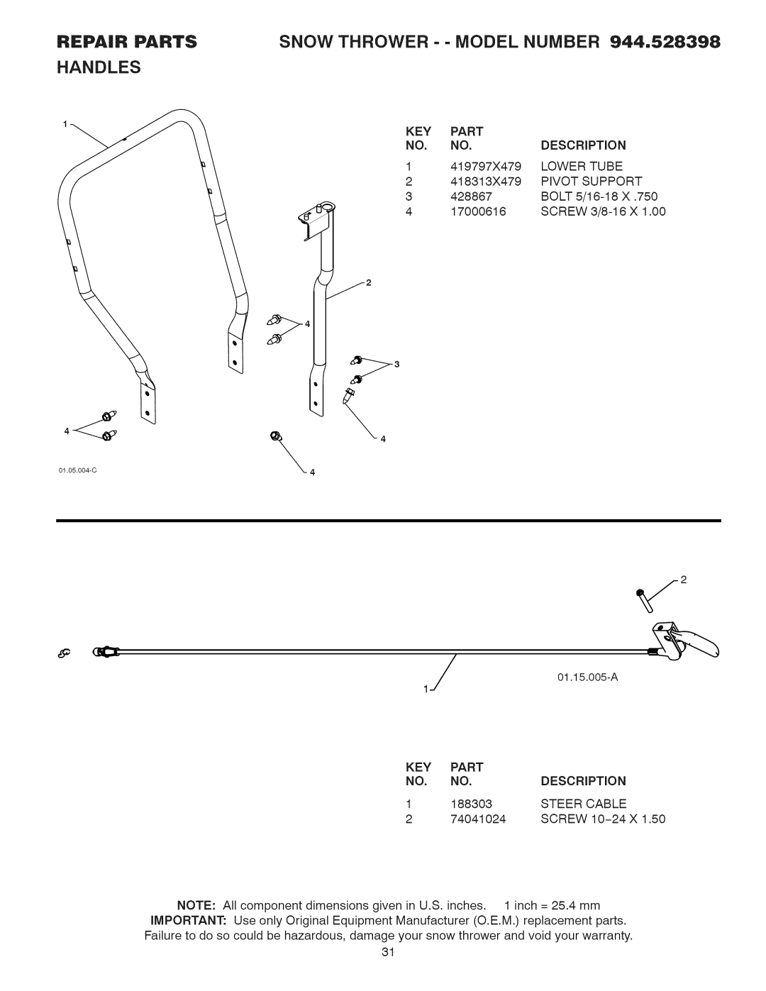 Craftsman 944.528398 owner manual Lower Tube, Pivot Support, Steer Cable 