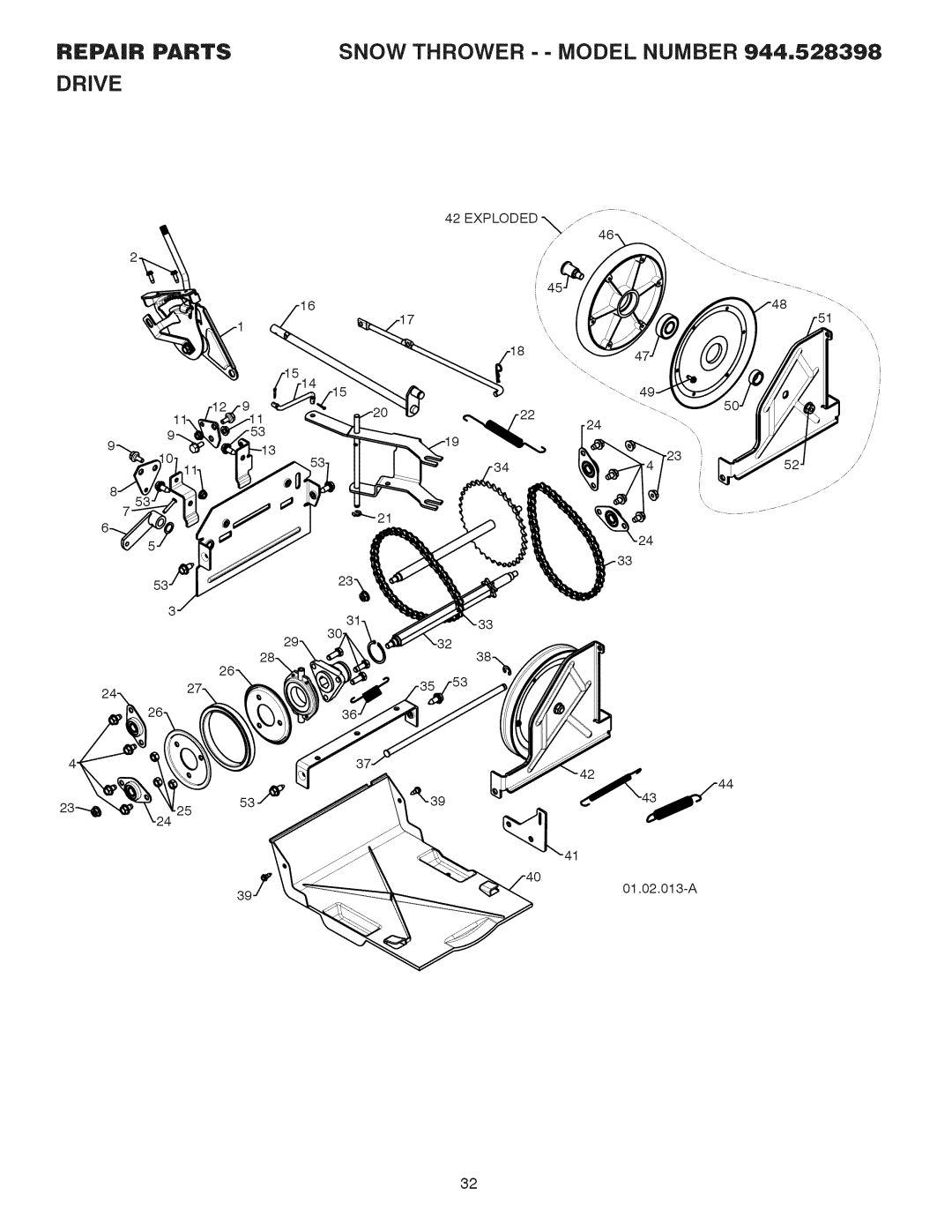 Craftsman 944.528398 owner manual Repair Parts Snow Thrower - Model Number 944,528398 Drive 