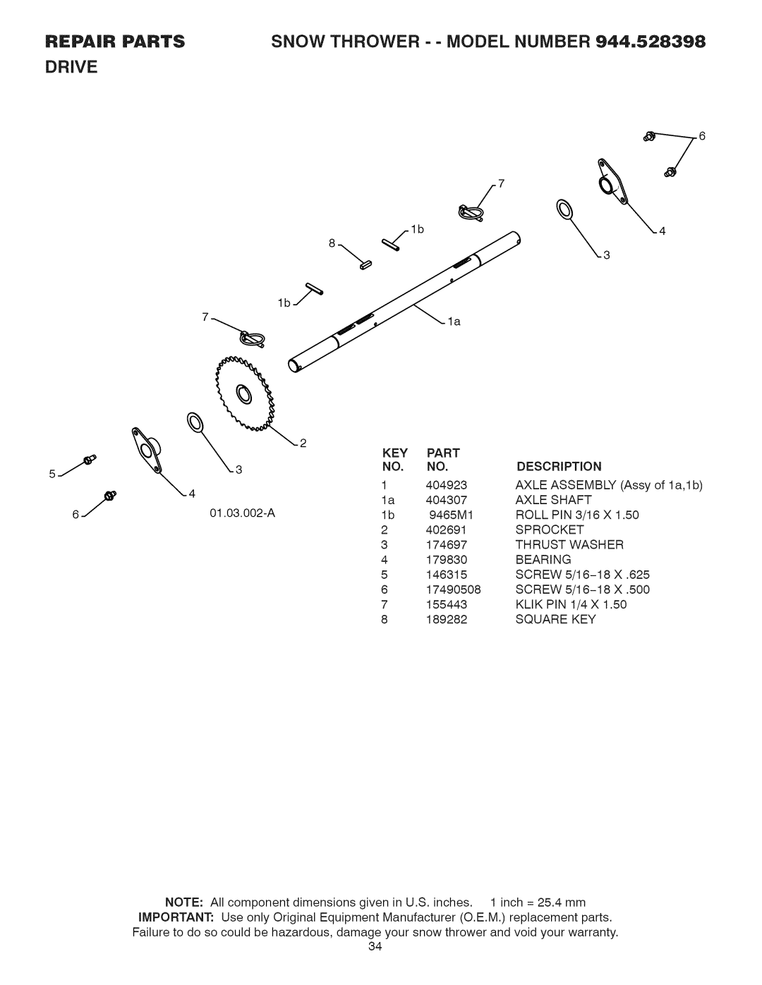 Craftsman 944.528398 owner manual Axle Assembly, Axle Shaft, Sprocket, TH Rust Wash ER 