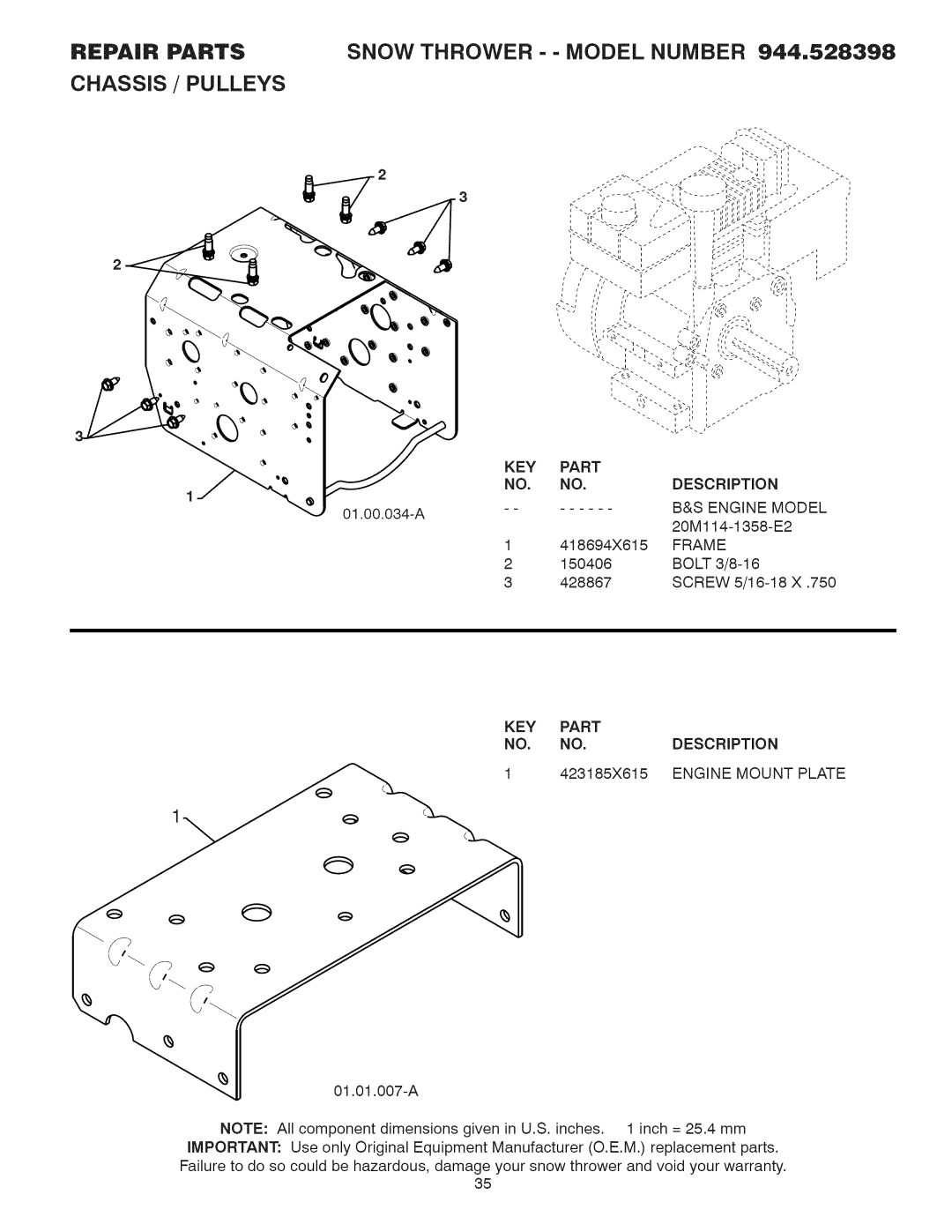 Craftsman 944.528398 owner manual Chassis / Pulleys, Engine Model, Frame, Engine Mount Plate 