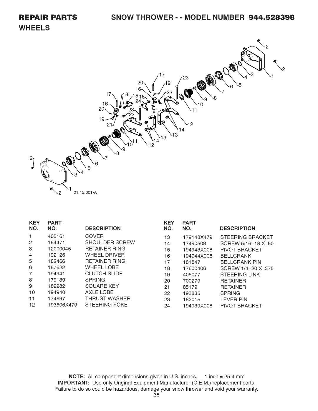 Craftsman 944.528398 Steering Bracket, Pivot Bracket, Wheel Driver, Bellcrank PIN, Wheel Lobe, Clutch Slide, Axle Lobe 