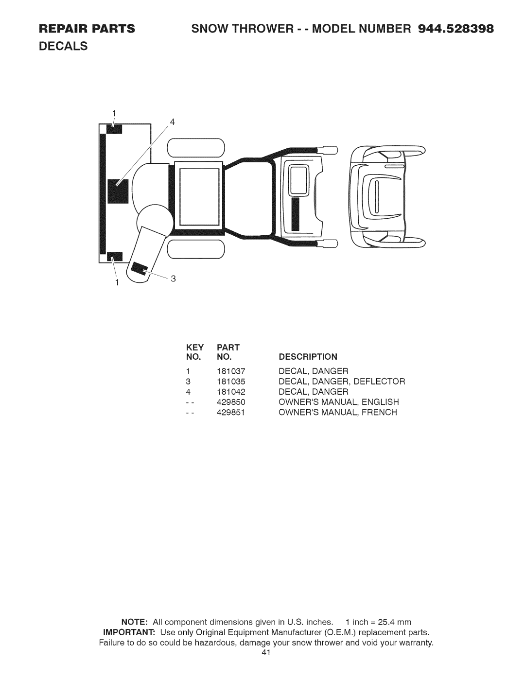 Craftsman 944.528398 owner manual Decals, DECAL, Danger, DECAL, DANGER, Deflector, English, French 