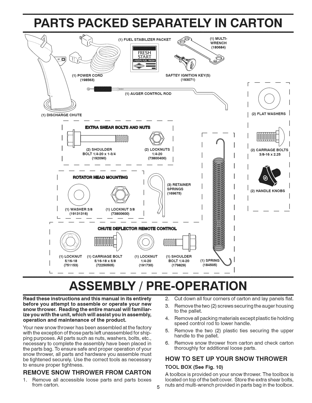 Craftsman 944.528398 owner manual Parts Packe ELY I Carton, Operatio, Shearboltsandnuts 