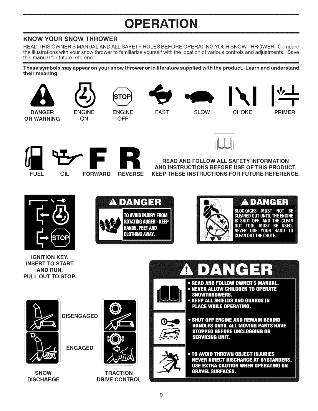 Craftsman 944.528398 owner manual Know Your Snow Thrower, Or Warning, Ignition KEY, RUN Pull OUT to Stop Disengaged 