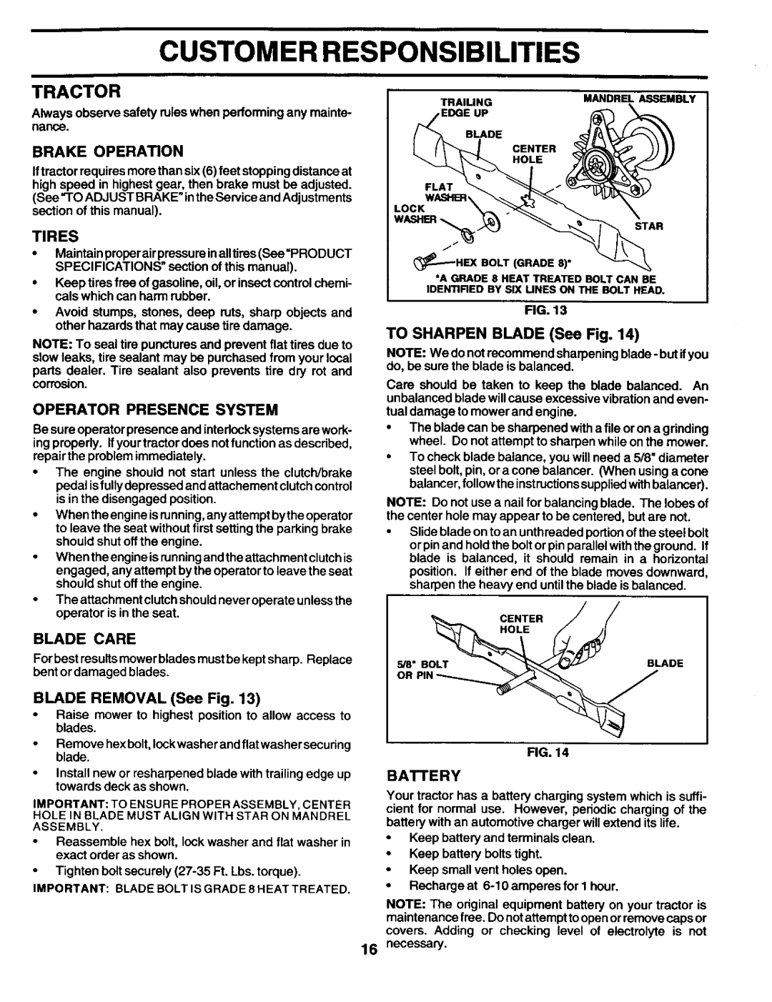 Craftsman 944.602951 owner manual Tractor, To Sharpen Blade See Fig, Brake Operation, Operator Presence System, Battery 