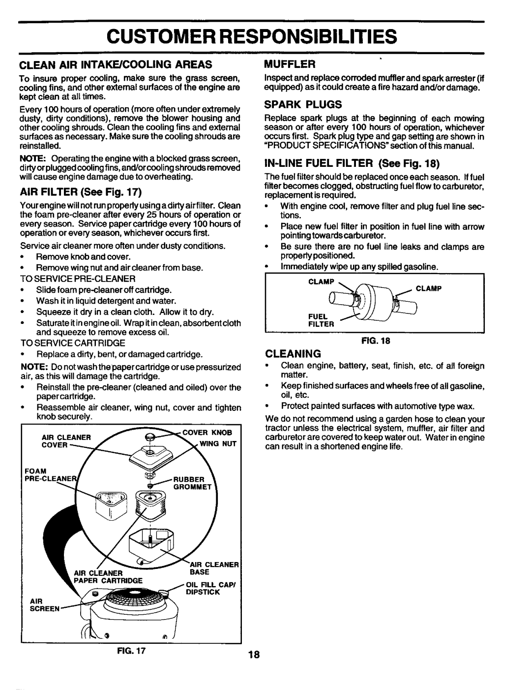 Craftsman 944.602951 owner manual IN-LINE Fuel Filter See Fig, AIR Filter See Fig, Spark Plugs 