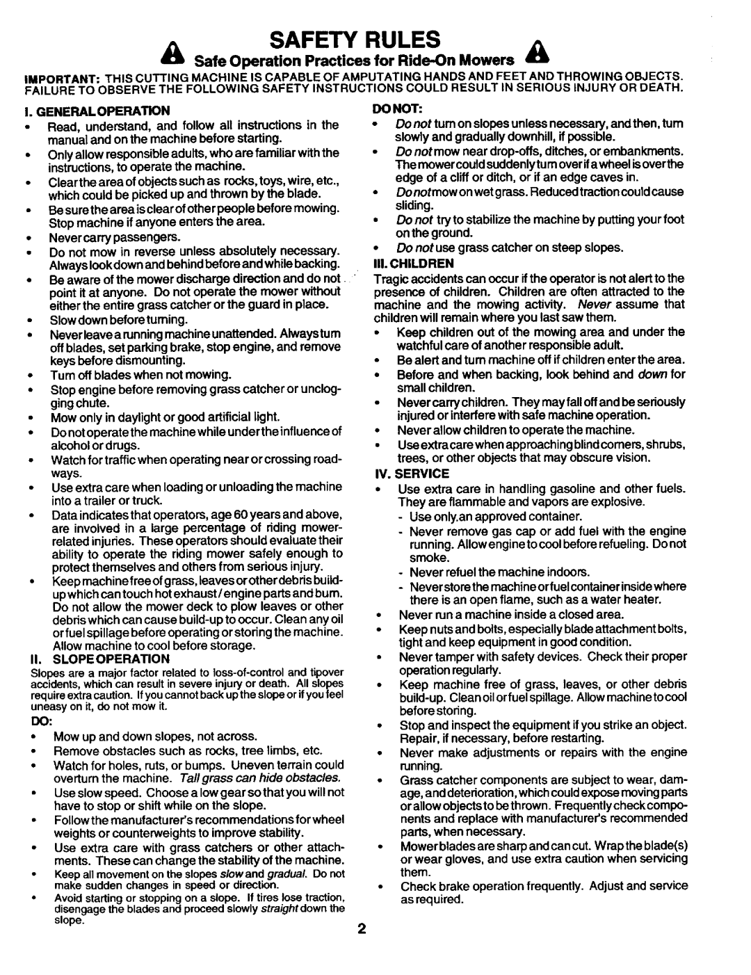 Craftsman 944.602951 4Rk Safe Operation Practices for Ride-On Mowers a, II. Slope Operation, Do not, III. Children 