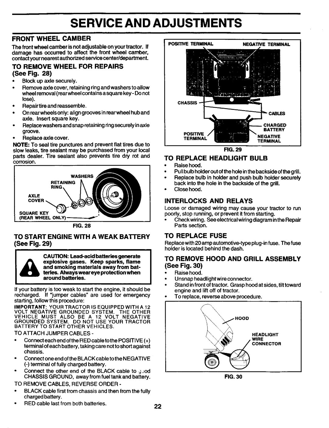 Craftsman 944.602951 To Start Engine with a Weak BATrERY See Fig, To Replace Headlight Bulb, Front Wheel Camber 