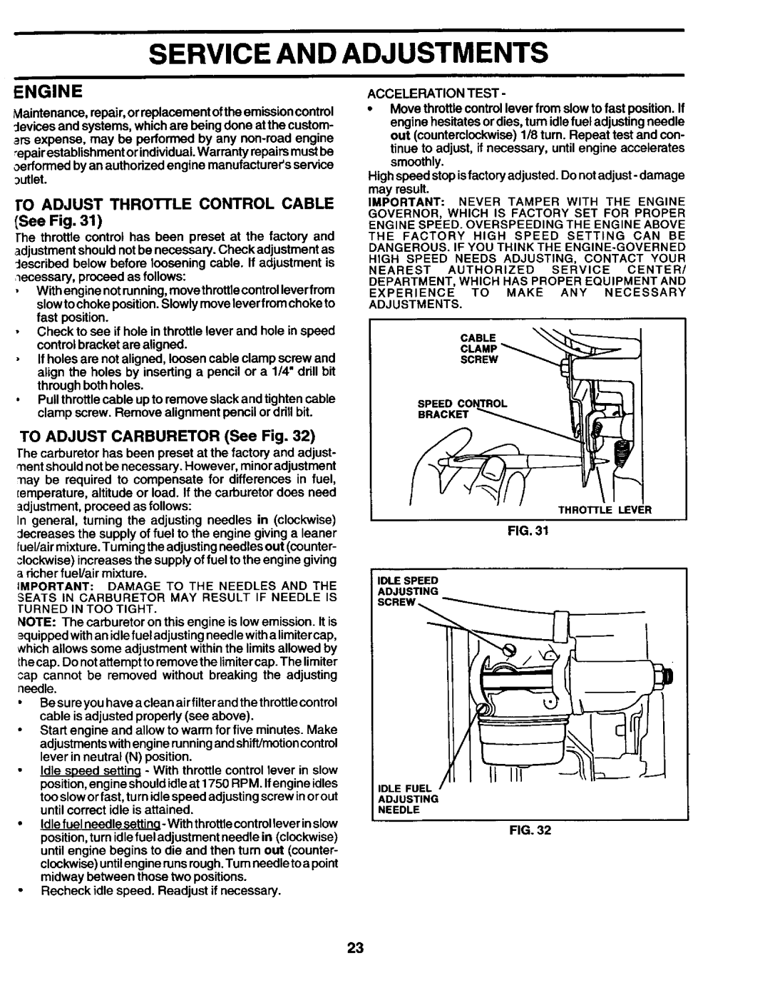 Craftsman 944.602951 owner manual To Adjust Carburetor See Fig, Acceleration Test, Speed Bracket, Idle Speed Adjusting 