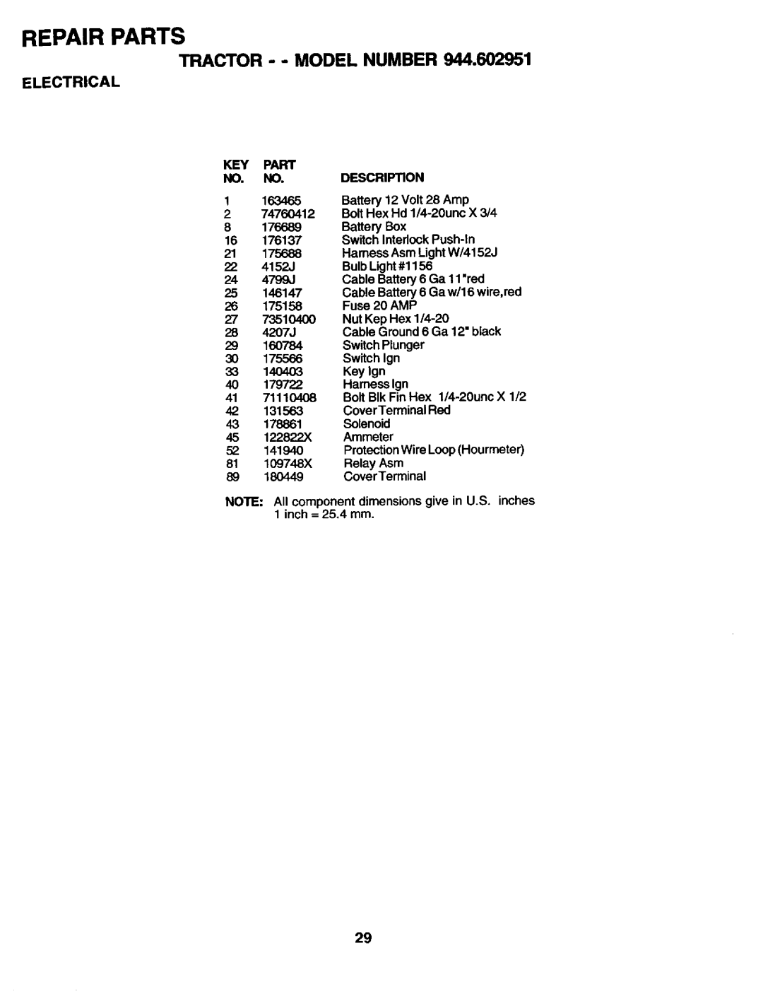 Craftsman 944.602951 owner manual Electrical, KEY Part NO. NO.DESCRIPTION 