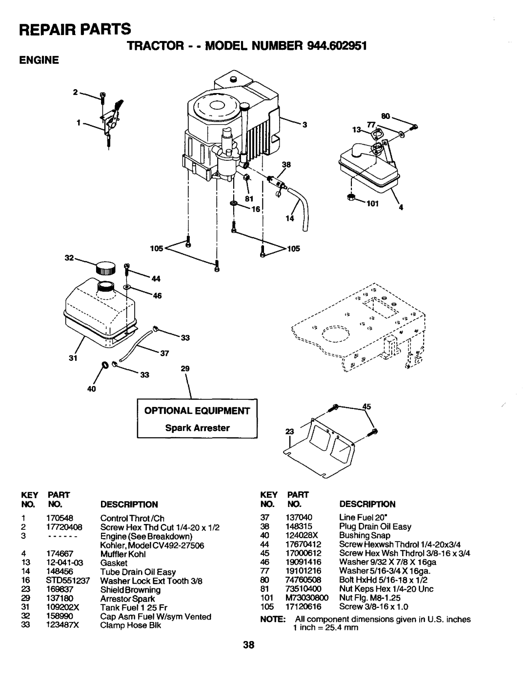 Craftsman 944.602951 owner manual Engine, Optional Equipment 