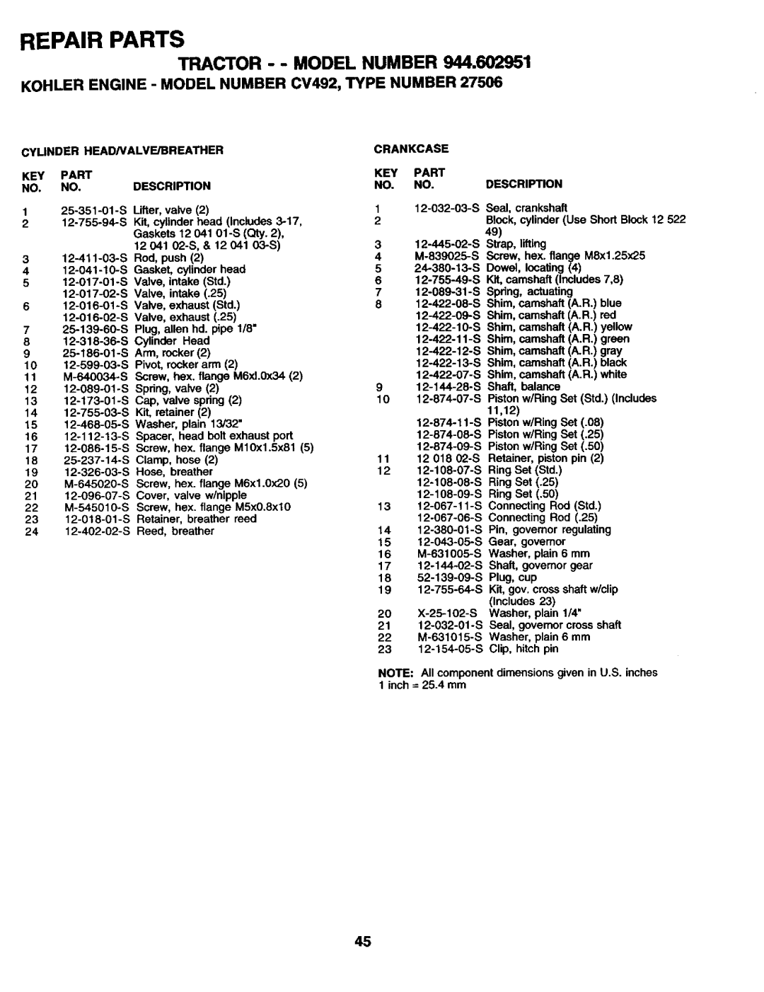 Craftsman 944.602951 Cylinder HEAD/VALVE/BREATHER Crankcase KEY Part NO. no, Description, KEY Part NO. NO.DESCRIPTION 