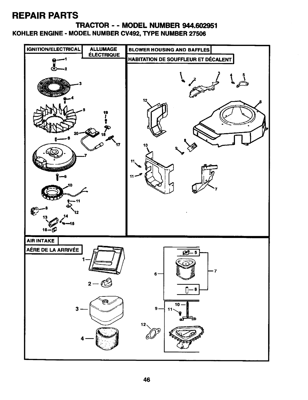 Craftsman 944.602951 owner manual Tractor - Model Number 944,602951, IGNITION/ELECTRICAL I Electriqueallumage 