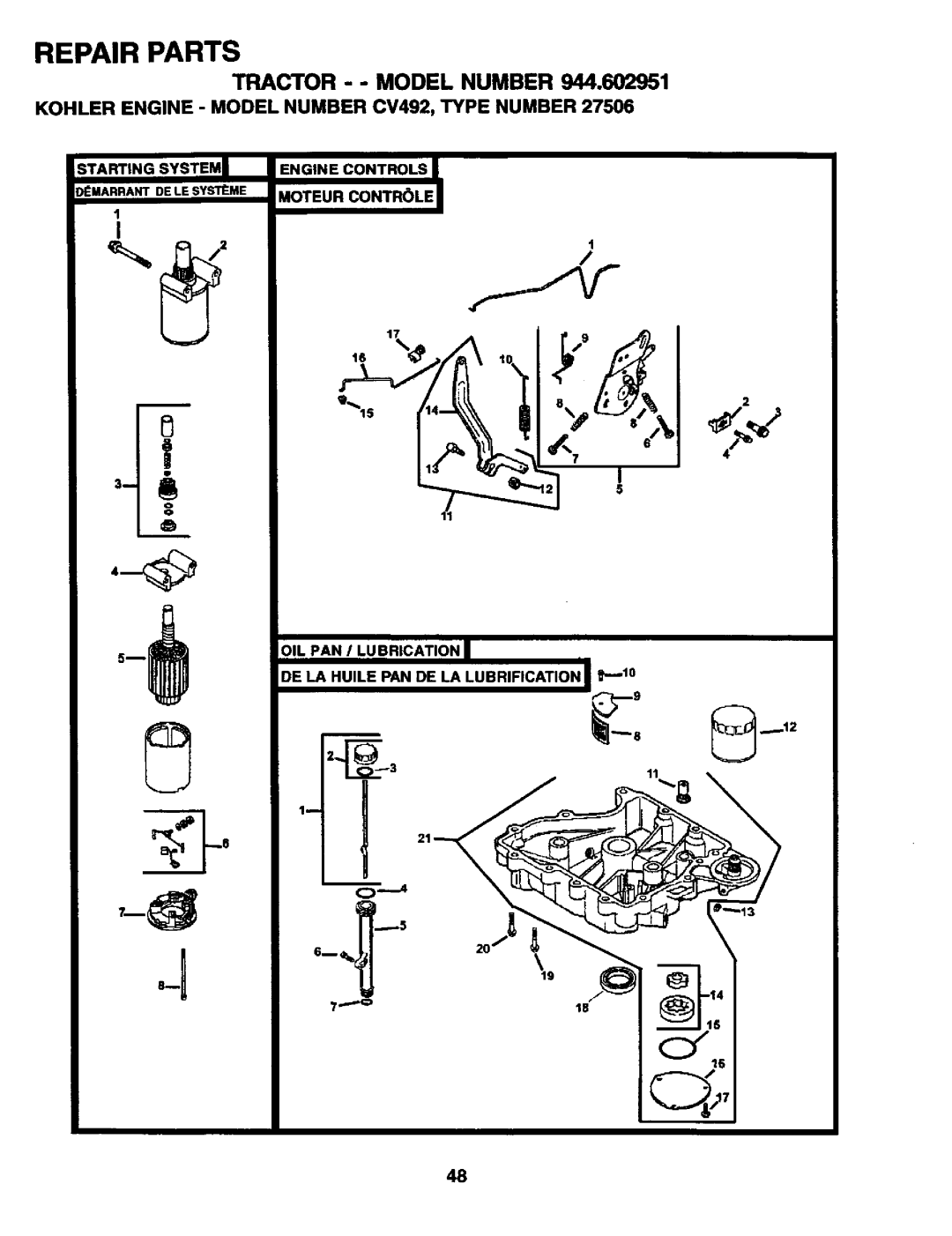 Craftsman 944.602951 owner manual Tractor - Model Number, Starting System Engine Controls 