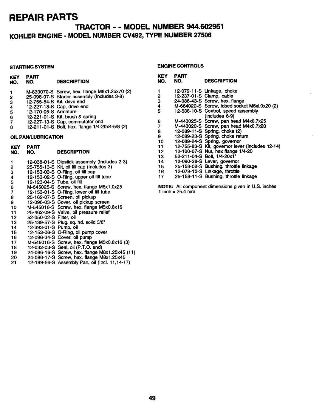 Craftsman 944.602951 Startingsystem Engine Controls KEY Part NO. NO.DESCRIPTION, OIL PAN/LUBRICATION KEY Part NO. no 