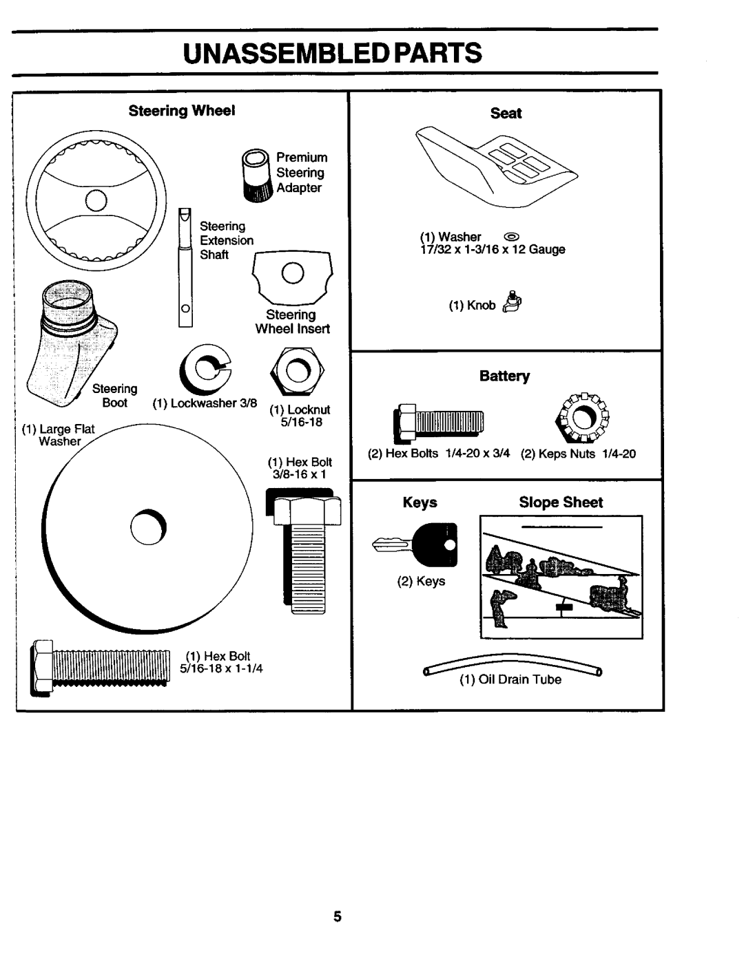 Craftsman 944.602951 owner manual Steering Wheel Seat, @@ BaRery, Keys Slope Sheet 