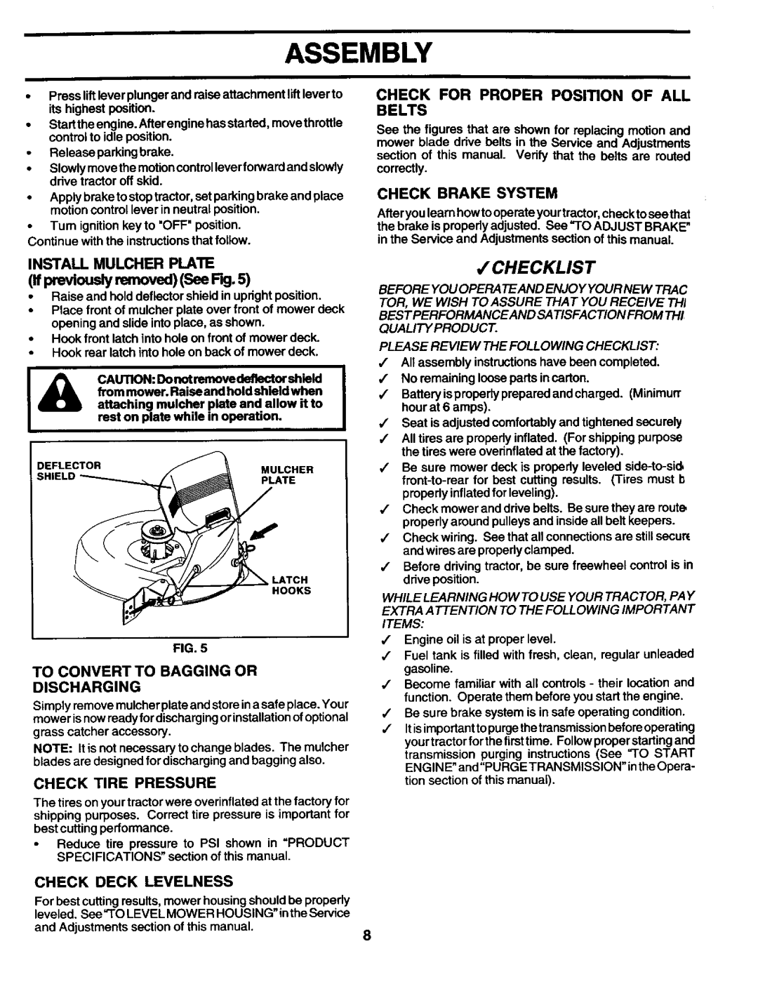 Craftsman 944.602951 owner manual Checklist, Install Mulchefi Plate, To Convert to Bagging or Discharging 