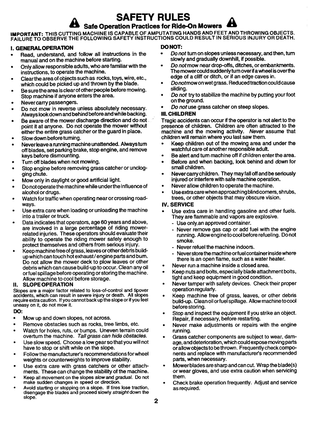 Craftsman 944.602951 owner manual SAFETY RULES =t, 4Rk Safe Operation Practices for Ride-OnMowers a 