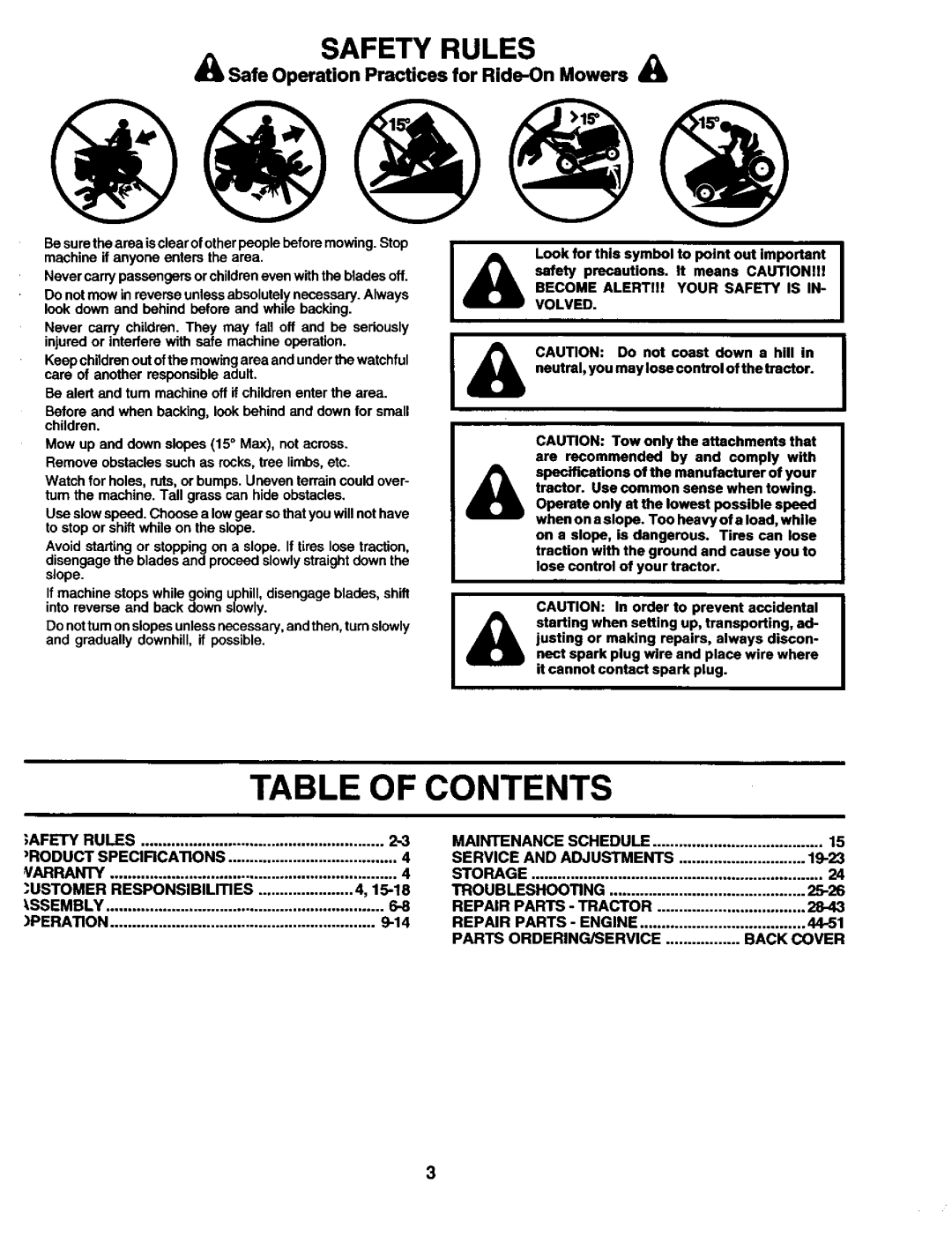 Craftsman 944.602951 Table Of Contents, Safety Rules, Safe Operation Practices for Ride-OnMowers, Parts Ordering/Service 