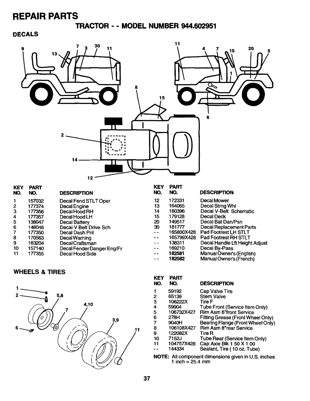 Craftsman 944.602951 owner manual Repair Parts, Tractor - - Model Number, Decals, Wheels & Tires, DecalReplacementParts 