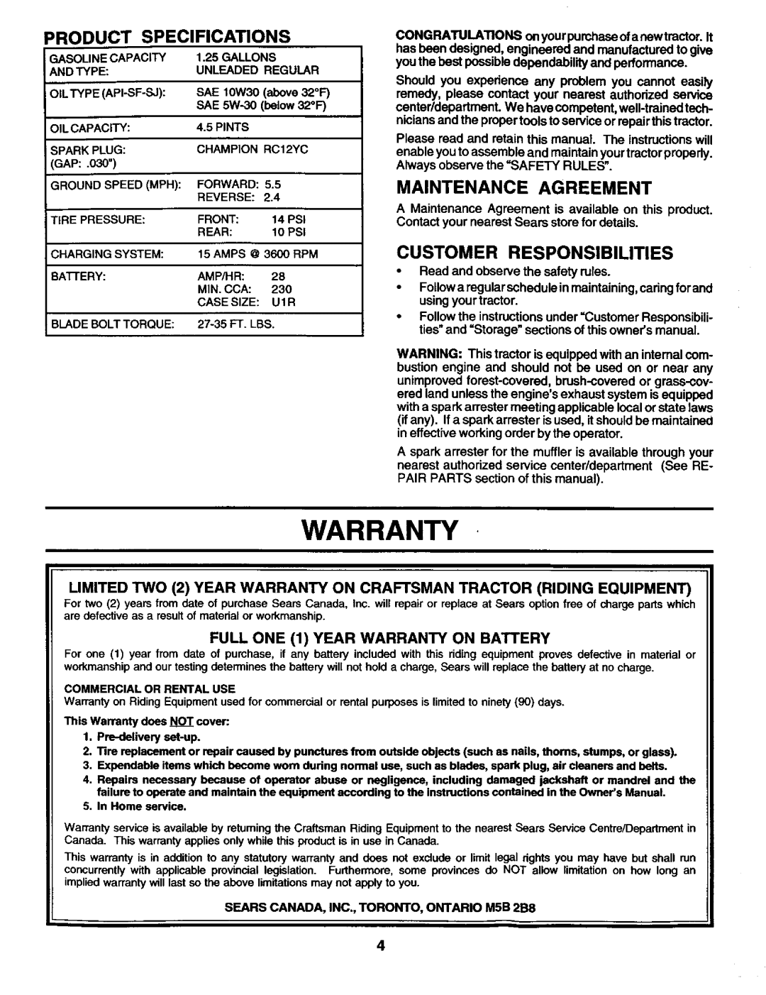 Craftsman 944.602951 owner manual Warranty, Product Specifications, Maintenance Agreement, Customer Responsibilities 
