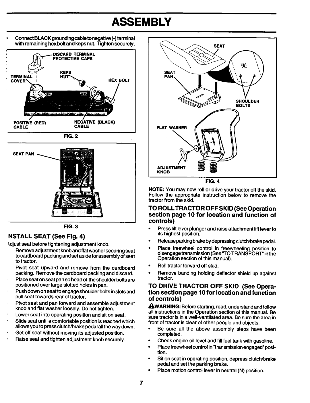 Craftsman 944.602951 owner manual Assembly, TO ROLL TRACTOR OFF SKID See Operation, of controls 