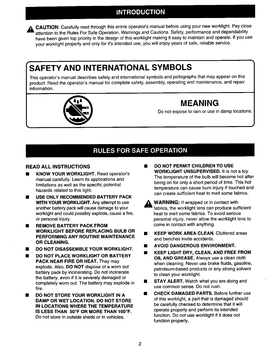 Craftsman 973.110470 Read ALL Instructions, USE only Recommended Battery Pack, With Your WORKLIGHT. Any attempt to use 