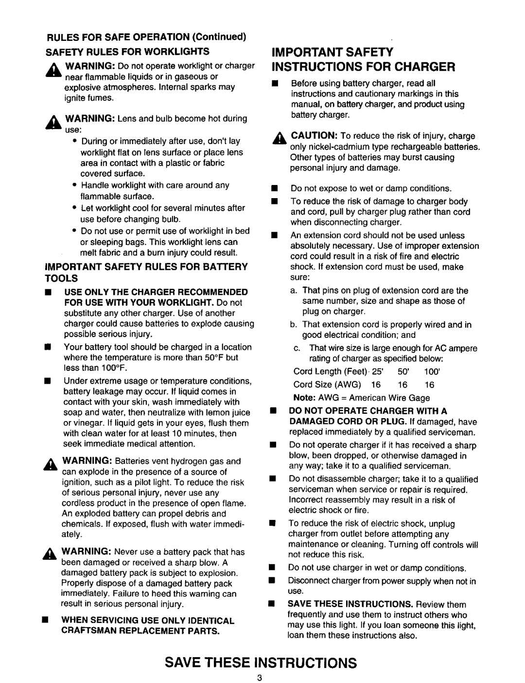 Craftsman 11047 Rules for Safe Operation, Safety Rules for Worklights, Important Safety Rules for Battery Tools 