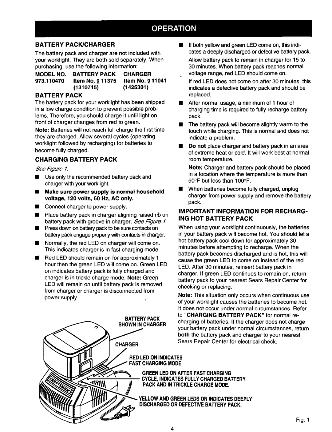 Craftsman 973.110470 Model NO. Battery Pack Charger, Item No Item No 13107151425301, Barery Pack, Charging BATrERY Pack 