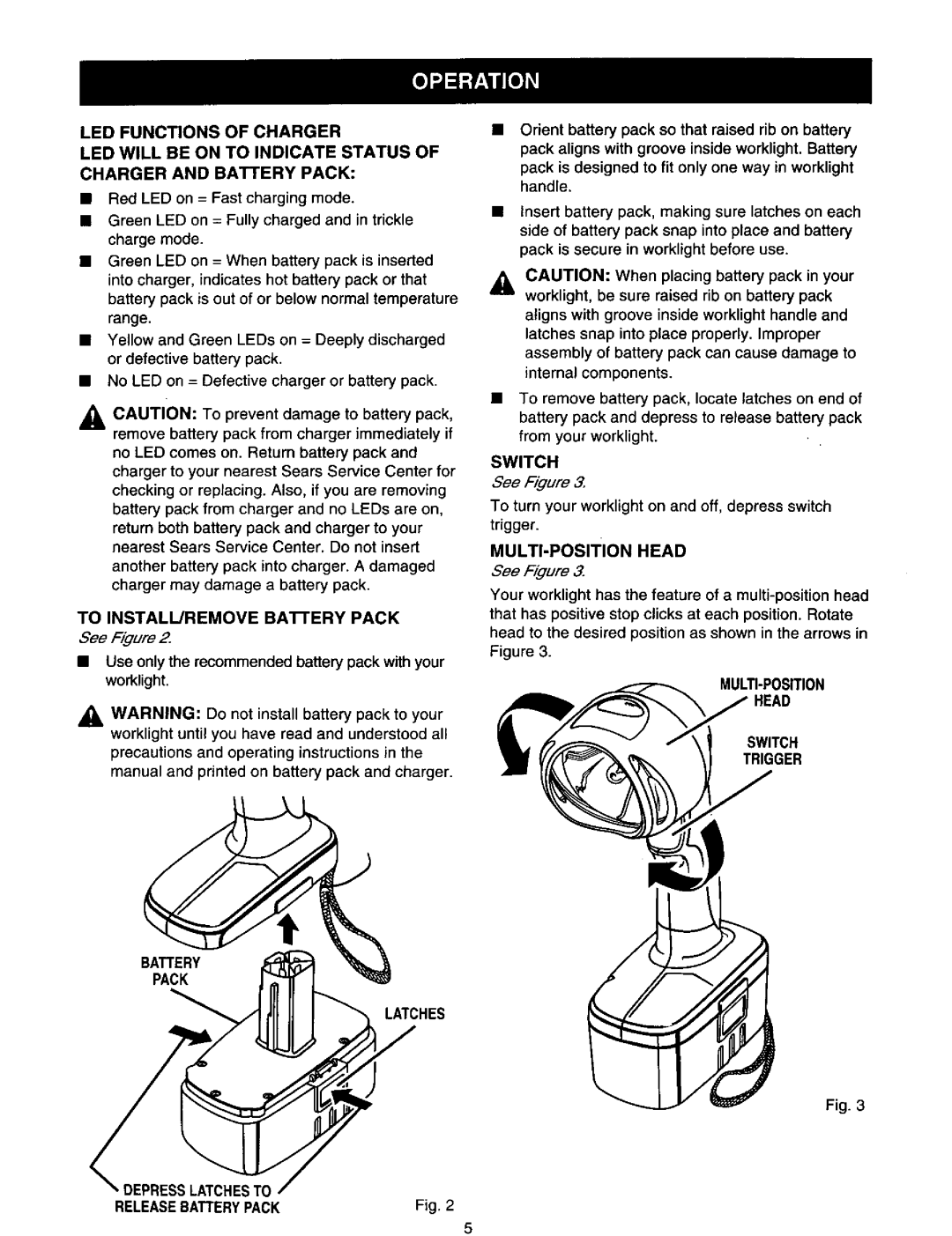 Craftsman 973.110470 operating instructions To INSTALL/REMOVE Battery Pack, Switch, MULTI-POSITION Head 