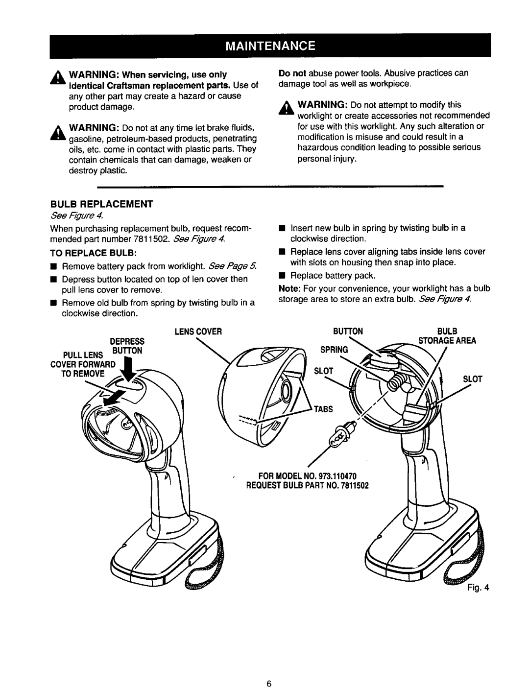 Craftsman 973.110470 Bulb Replacement, To Replace Bulb, Lenscover Depress Pulllens Button Coverforward To Remove 