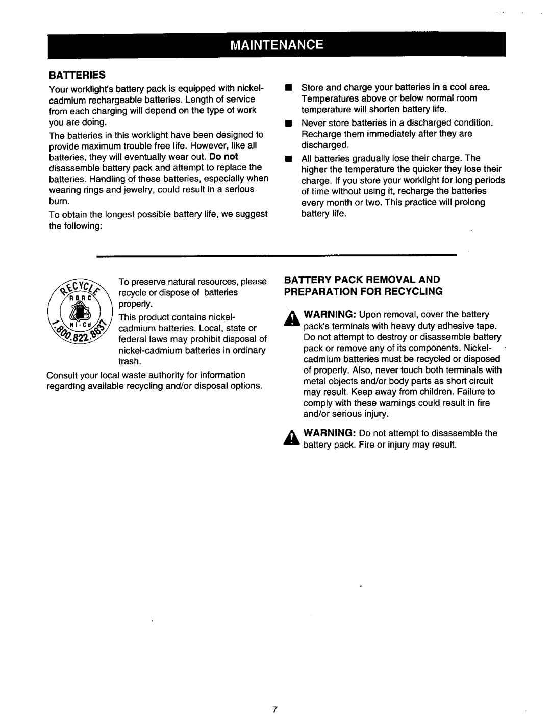 Craftsman 11047 Batteries, Recycle or dispose of batteries properly, Battery Pack Removal Preparation for Recycling 