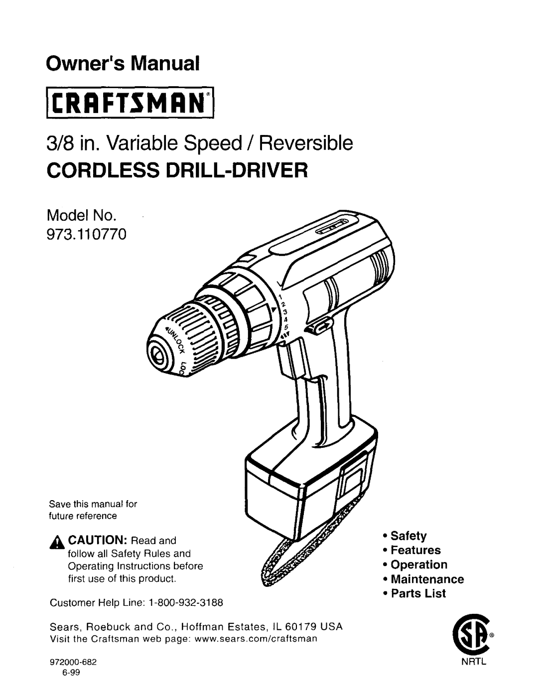 Craftsman 973.11077 owner manual Cordless DRILL-DRIVER 