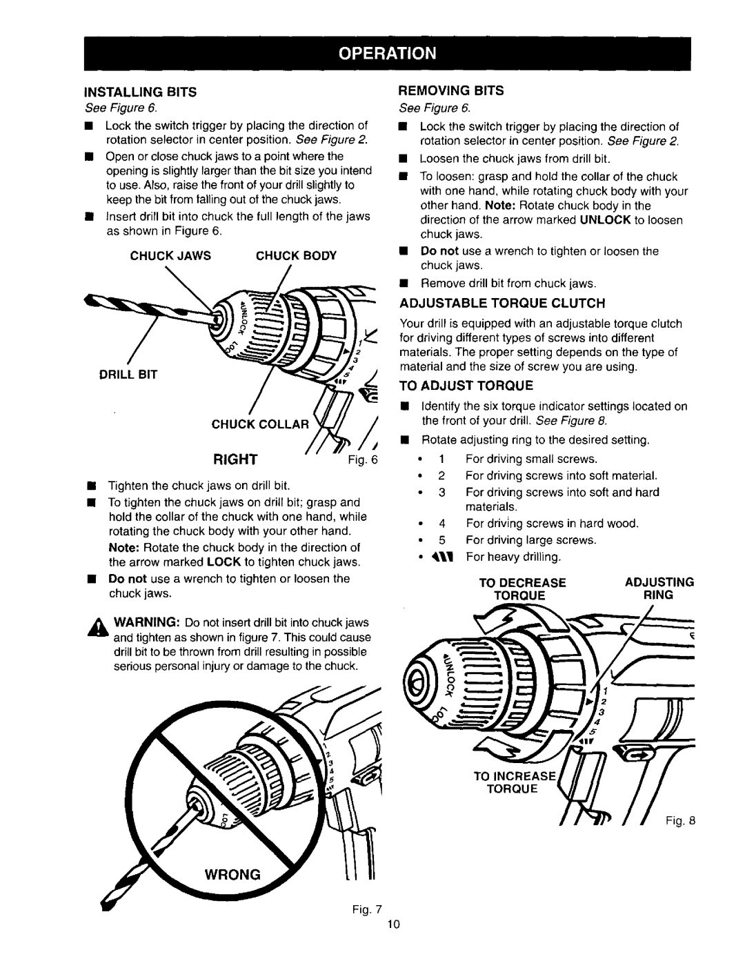 Craftsman 973.11077 owner manual Drill BIT Chuck, To Adjusttorque, To Decrease Adjusting Torque Ring To Increase 