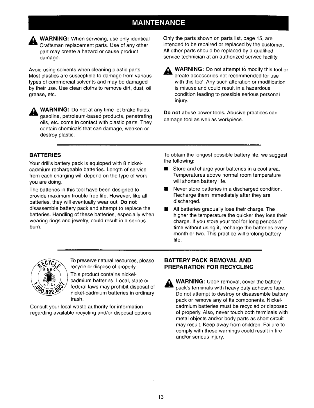 Craftsman 973.11077 owner manual Batteries, Battery Pack Removal Preparation for Recycling 