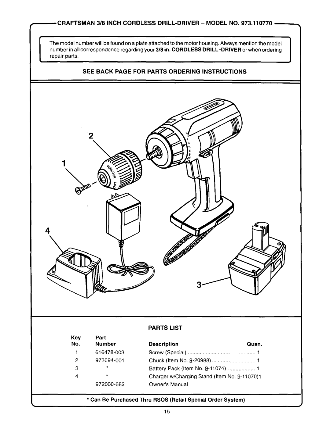 Craftsman 973.11077 owner manual Cordless DRILL-DRIVER Model no, See Back page for Parts Ordering Instructions List 