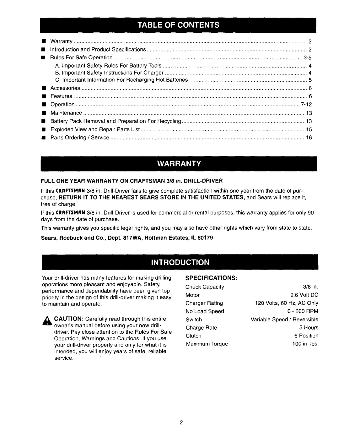 Craftsman 973.11077 owner manual Specifications 