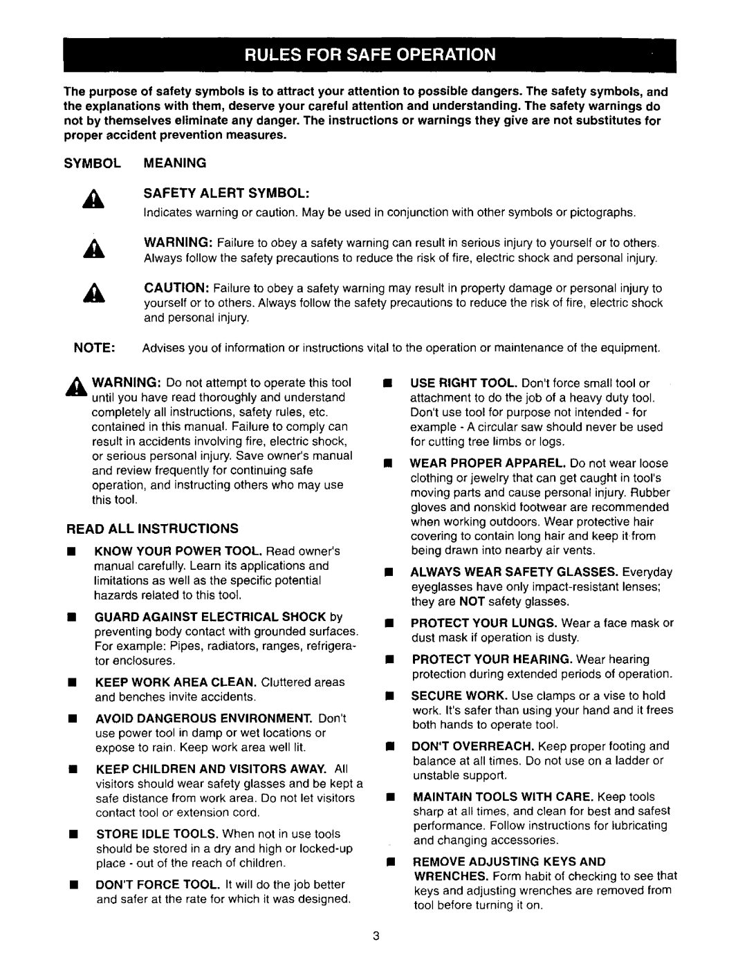 Craftsman 973.11077 Symbol Meaning Safety Alert Symbol, Read ALL Instructions, Guard Against Electrical Shock by 