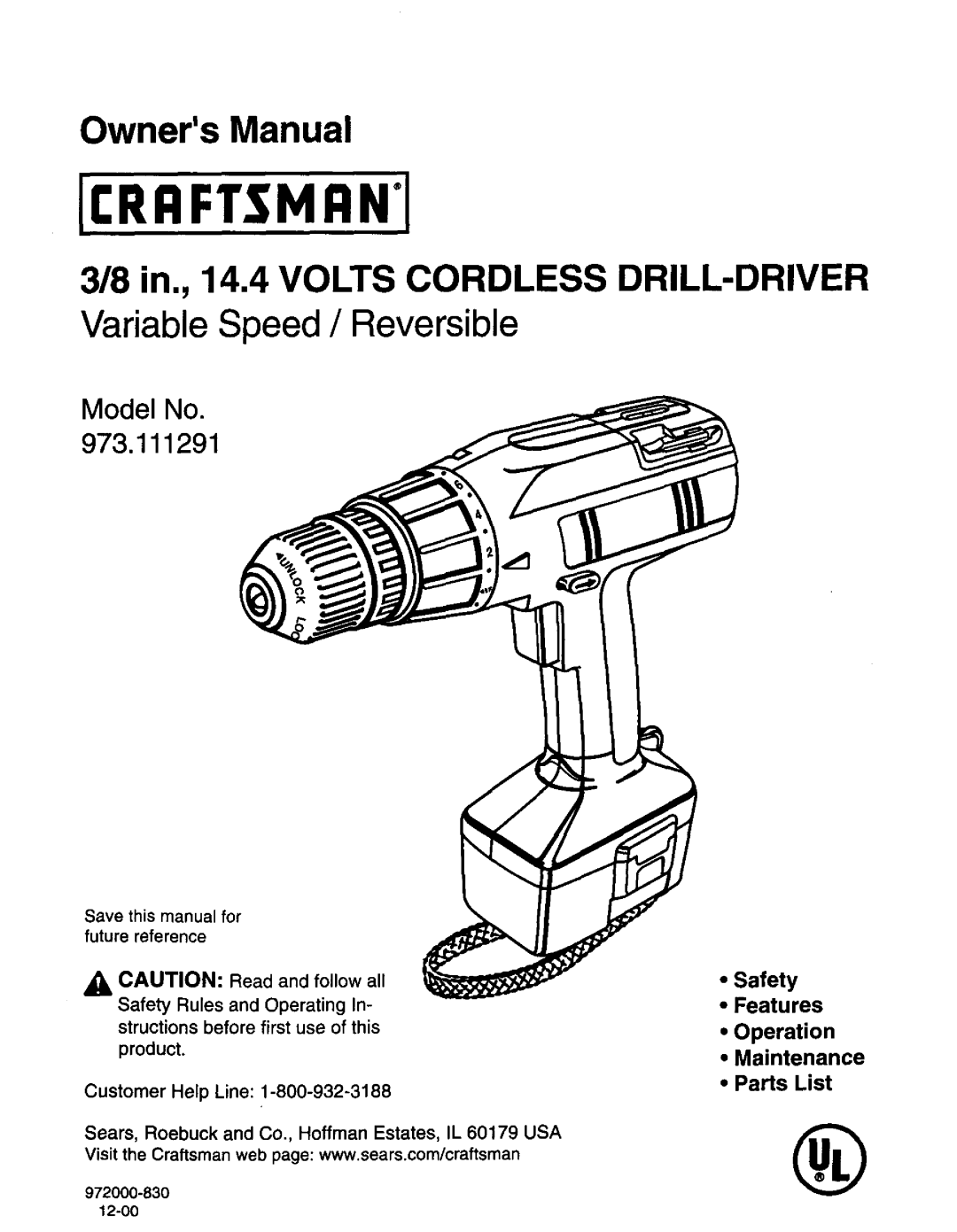 Craftsman 973.111291 owner manual OwnersManual, 972000-830 