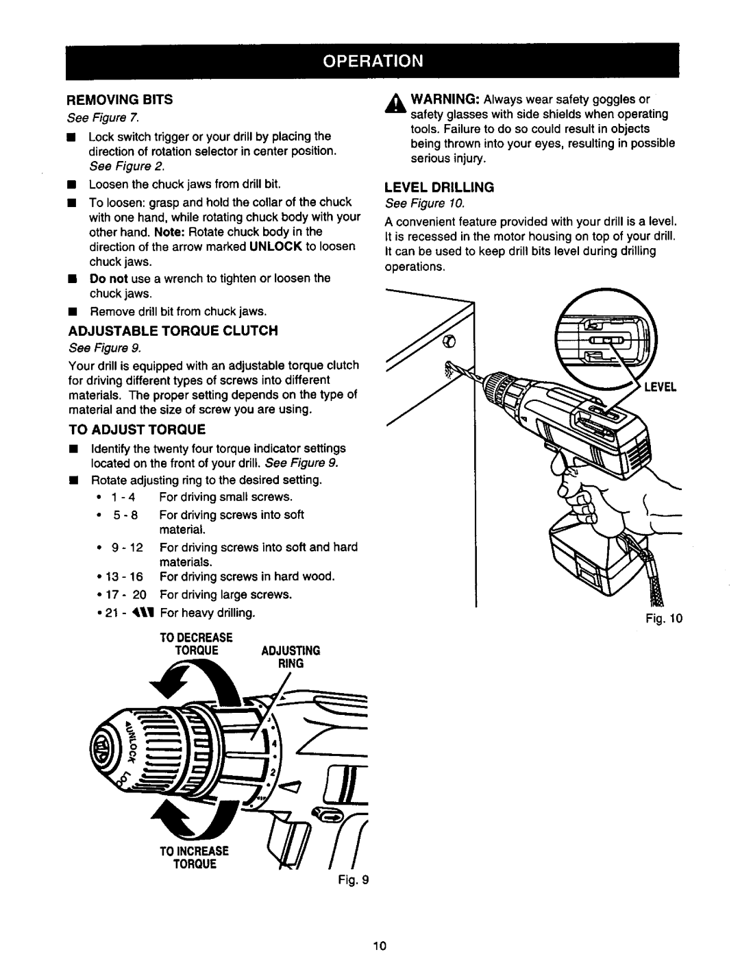 Craftsman 973.111291 owner manual Removing Bits, Adjustable Torque Clutch, To Adjust Torque, Level Drilling 