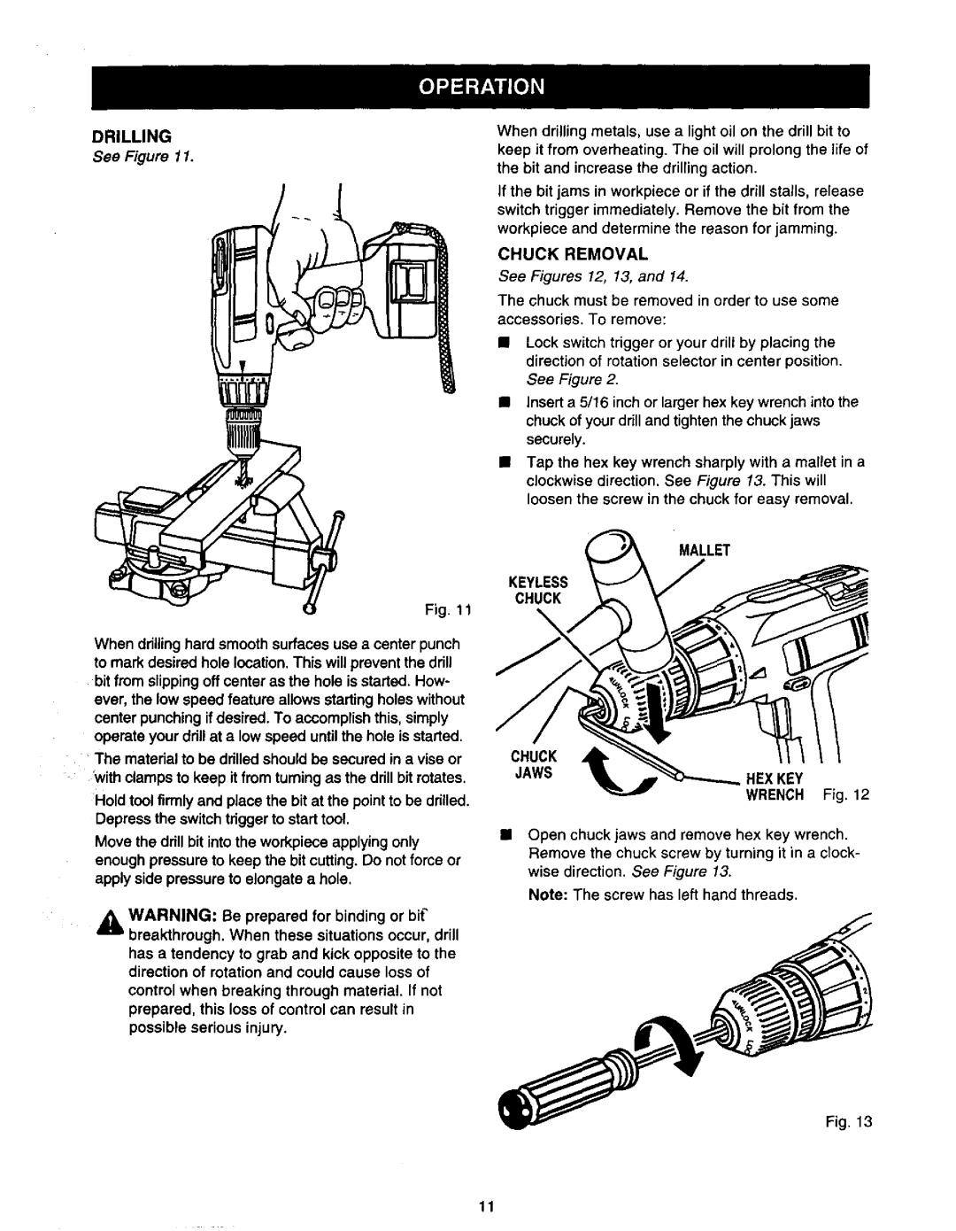 Craftsman 973.111291 owner manual Chuck Removal, Mallet Keyless Chuck, Jawshex KEY Wrench Fig 